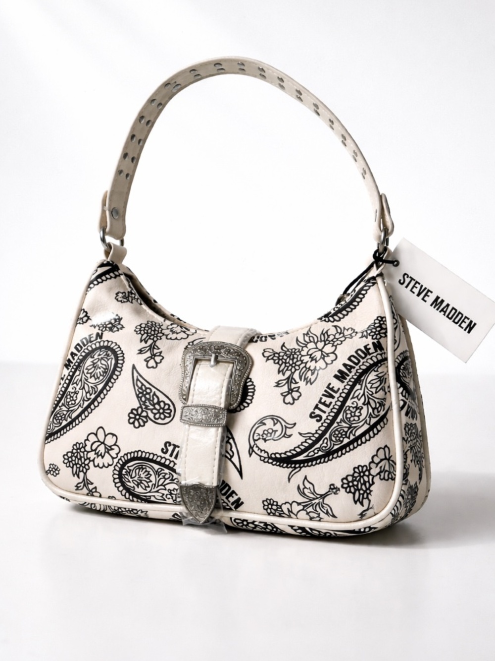Steve Madden White Paisley Shoulder Bag Studded Strap Buckle NWT